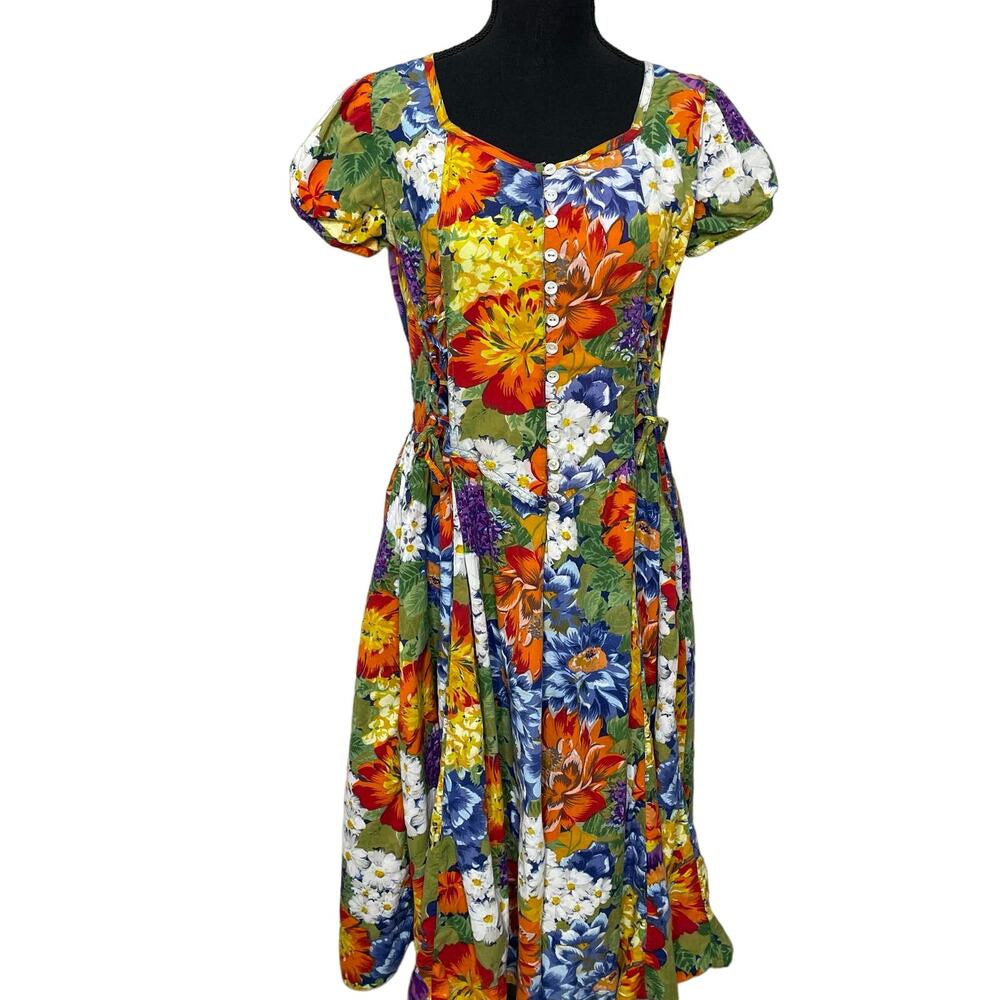 Vintage RENE DERHY Floral Midi Dress Short Sleeve Cottagecore Boho Festival‎ M